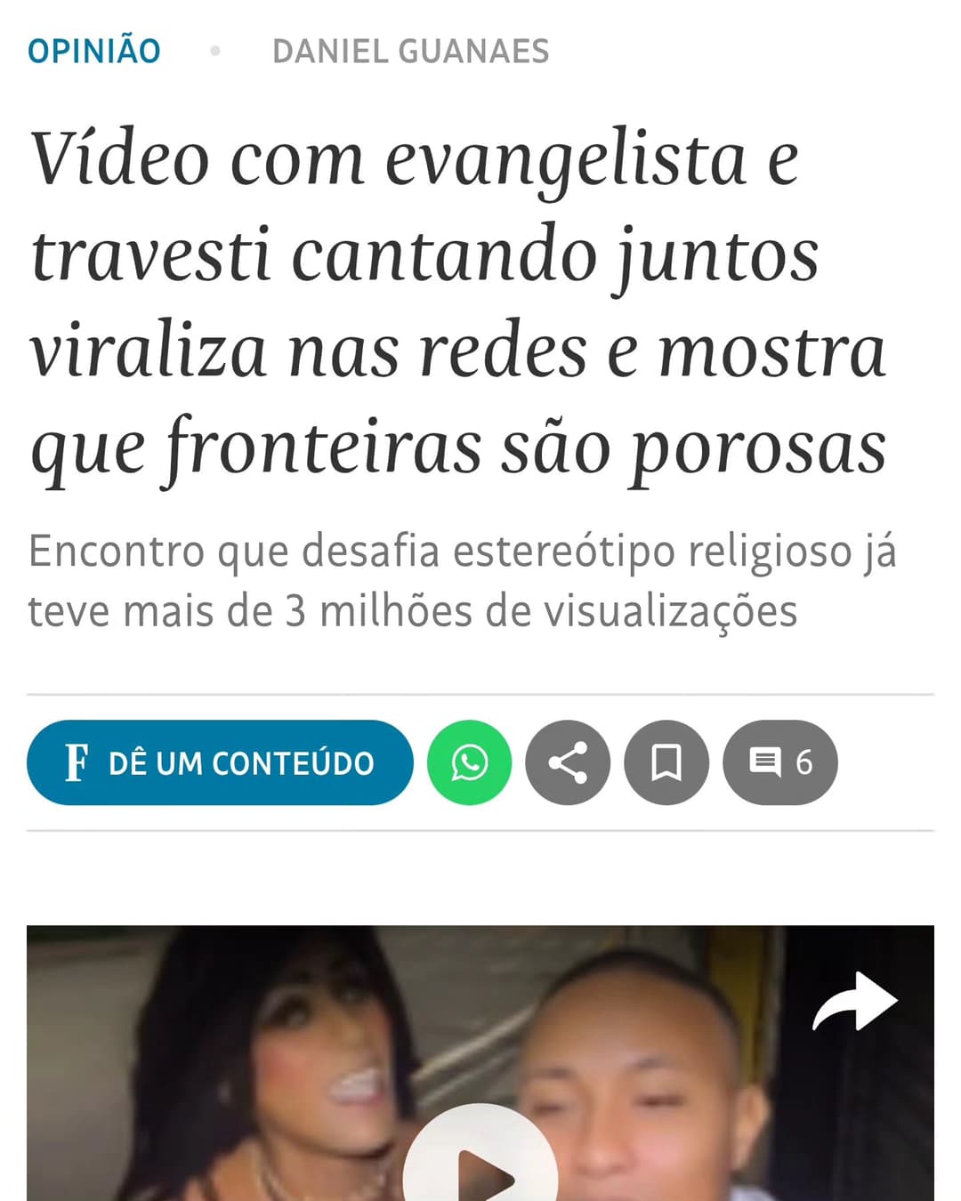 Um encontro inesperado entre um cantor evangélico e uma travesti ganhou destaque